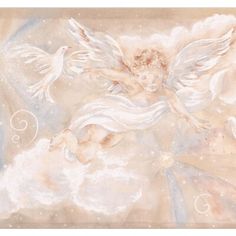 an angel is flying through the sky with two white doves