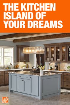 the kitchen island of your dreams is shown in an orange and white advertise