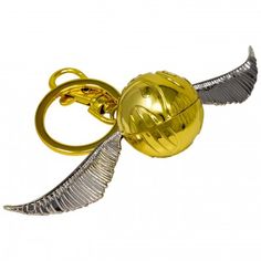 a metal keychain with a golden ball and silver wings on it's side