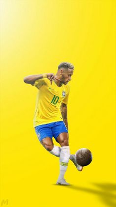 a man kicking a soccer ball on a yellow background