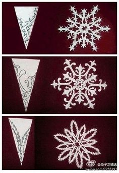 four different snowflakes are shown in white on red paper, and one is drawn with