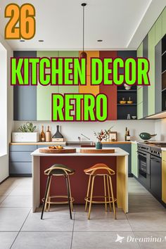 the kitchen is decorated in retro colors