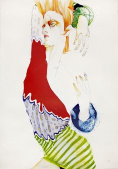 a drawing of a woman with orange hair and green dress holding her hand up to her face