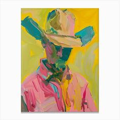 a painting of a man wearing a hat and pink shirt with yellow background by corbi