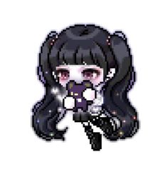 an anime character with long black hair and dark eyes, holding a white object in her hand