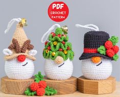 three crocheted snowmen with hats and decorations