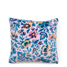 a pink and blue pillow with flowers on it