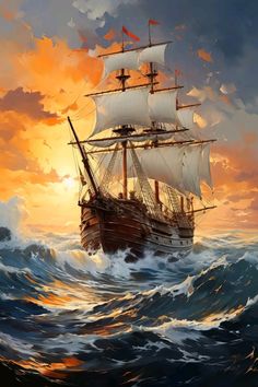 a painting of a sailing ship in the ocean at sunset with clouds and sun behind it