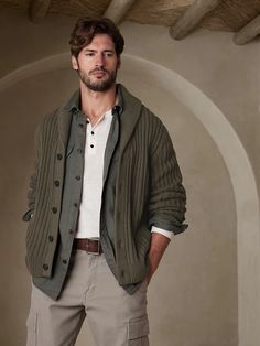 Campania Cardigan Sweater | Banana Republic Cardigan Male Outfit, Male Cardigan Outfit Aesthetic, Soft Natural Men Kibbe Style, Green Aesthetic Outfit Men, Indie Male Fashion, Olive Green Cardigan Outfit, Male Cardigan Outfit, Masculine Cottagecore Outfits, Masculine Cottagecore