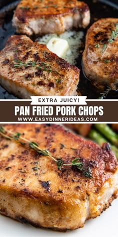 grilled pork chops on a grill with asparagus and parmesan cheese