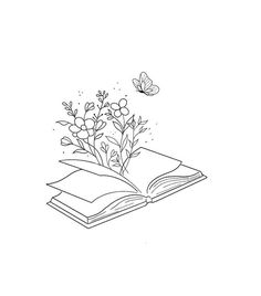 an open book with flowers on it and a butterfly flying over the pages in the background