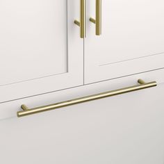 a white cabinet with two brass handles on it