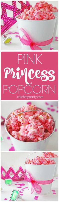 pink princess popcorn in a white bowl with pink streamers on the side and text overlay