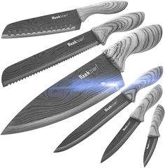 five knives are shown with their blades cut off and the knife has been opened to reveal an image