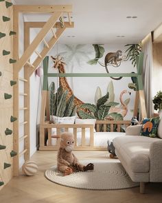 a child's room with jungle themed wallpaper and wooden staircase leading up to the second floor