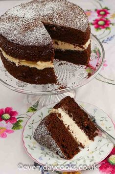 two slices of chocolate cake on plates with one slice missing from the rest of the cake