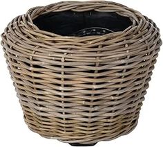 a wicker basket with a black lid is shown in front of a white background