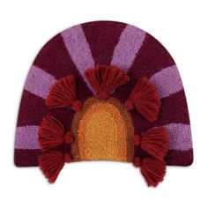 a knitted hat with tassels on the front and side, in purple and red