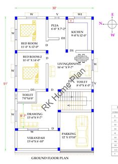 two story house plan with blueprints and measurements for the ground level, which is also