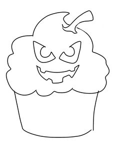 a cupcake with an evil face on it's side, outlined in black and white