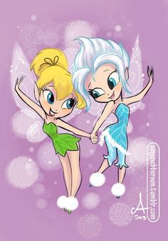 two cartoon tinkerbells holding hands on a purple background