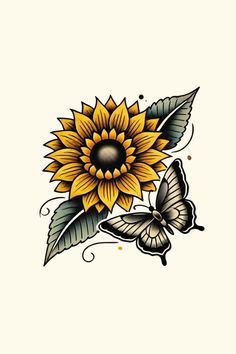 a sunflower with two butterflies on it