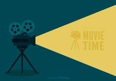 a movie projector on a tripod with the words movie time in front of it