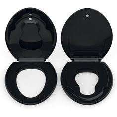 two black toilet seats sitting side by side with the lid open and one seat closed