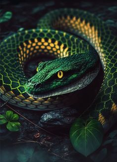 a green snake is curled up on a rock