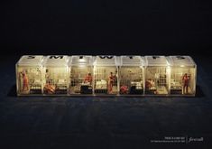 a group of birds in cages sitting on top of a black floor next to each other