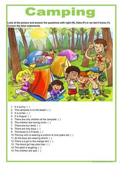 an activity sheet for camping with children in the woods and camping equipment on the ground