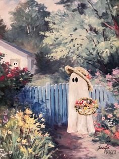 a painting of a ghost holding a basket in front of a blue fence and flowers