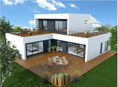 an artist's rendering of a modern house with deck and patio furniture in the foreground