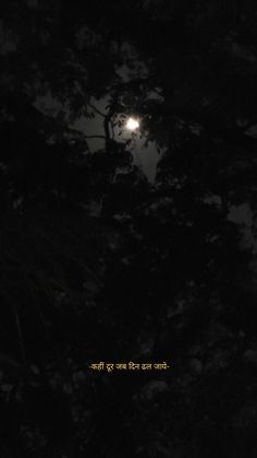 the moon shines brightly through the trees in the night sky, with words written below it