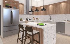 an artist's rendering of a modern kitchen with island and bar stools in the center