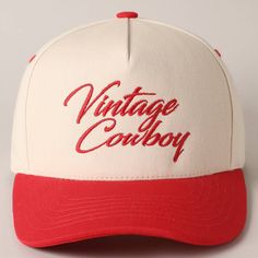 Vintage Cowboy Embroidery Two-Tone Baseball Cap - "Vintage Cowboy" Text Embroidery - 5 Panel Canvas Baseball Cap - 100% Cotton - Adjustable Buckle Closure - Embroidered In USA *One Size Fits All - Adjustable Strap Makes Fit Comfortable.* The VANTAGE Two-Tone Embroidery Trucker Hat blends style and functionality with its distinctive design. The hat features a two-tone color scheme, combining a vibrant or contrasting color on the front panels with a complementary. The embroidered detailing on the Retro Snapback Hat With Embroidered Logo For Baseball Season, Retro Trucker Hat With Embroidered Logo, Retro Snapback Hat With Curved Bill And Embroidered Logo, Retro Snapback Hat With Embroidered Logo, Vintage White Trucker Hat With Embroidered Logo, Retro Trucker Hat With Embroidered Logo And Curved Bill, Retro Red Trucker Hat With Letter Print, Vintage White Baseball Cap With Curved Bill, Retro Baseball Season Hat With Embroidered Logo