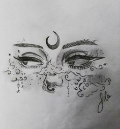 a drawing of a woman's face with the moon above her eyes