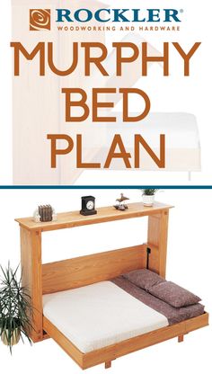 a bed with a wooden frame and mattress on it's side, in front of a white background