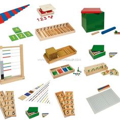 a collection of wooden toys with numbers and shapes