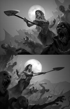 two pictures of the same person holding a spear in front of an evil woman and demon