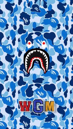 a blue camo wallpaper with a shark's mouth and the word wgm on it