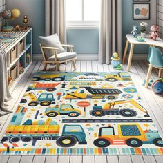 a child's room with blue walls and flooring, including a rug that has construction vehicles on it