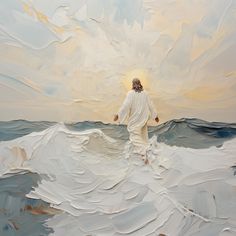 a painting of a man standing in the ocean