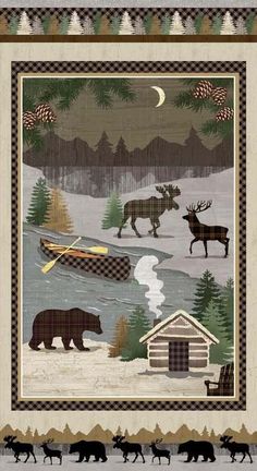 a quilt with bears and other animals in the snow, along with a log cabin