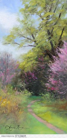 an oil painting of trees and flowers