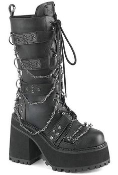 Demonia ASSAULT-117 Goth Camping Outfit, Goth Boots Men, Goth Boots Aesthetic, Spiky Boots, Alt Boots, Mid Calf High Boots, Gothic Platform Boots, Boots With Chains, Emo Shoes