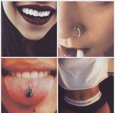 four pictures of different types of teeth and nose piercings