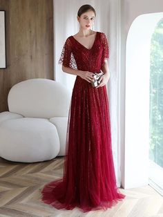 Women's A-Line Evening Dress Sexy V-Neck Prom Dresses Beaded Formal Dresses for Women - numbersea Sequins Prom Dress, Uzun Boy, Beaded Formal Dress, A Line Evening Dress, Dresses 2022, V Neck Prom Dresses, Sequin Prom Dress, Red Prom, Bat Sleeve