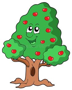 a cartoon apple tree with apples on it's leaves and smiling face in the center