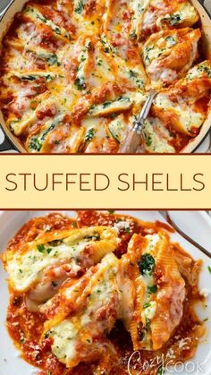 two pictures with different types of stuffed shells in them and the words stuffed shells on top